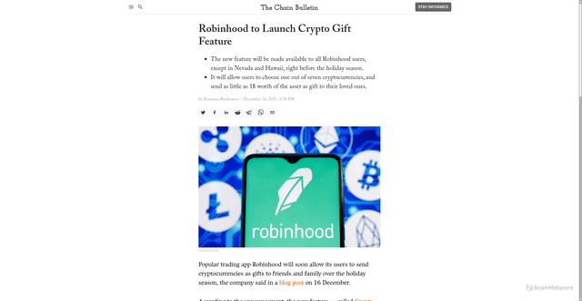 Security scan screenshot of https://chainbulletin.com/robinhood-to-launch-crypto-gift-feature