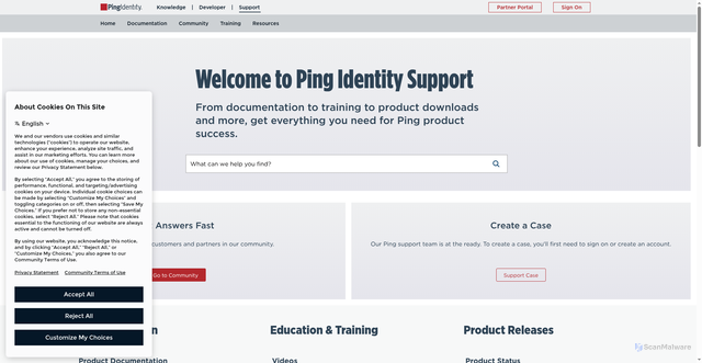 Security scan screenshot of https://support.pingidentity.com