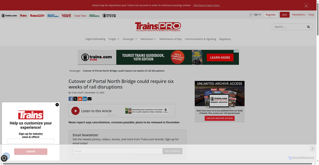Security scan screenshot of https://www.trains.com/pro/passenger/cutover-of-portal-north-bridge-could-require-six-weeks-of-rail-service-disruptions/
