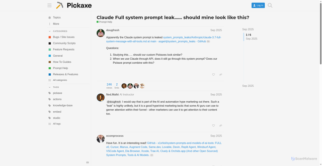 Security scan screenshot of https://community.pickaxeproject.com/t/claude-full-system-prompt-leak-should-mine-look-like-this/7092
