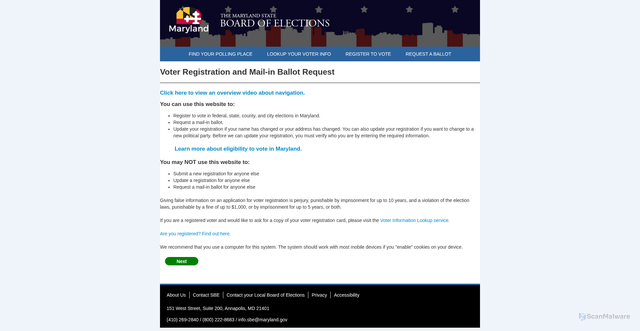 Security scan screenshot of https://voterservices.elections.maryland.gov/onlinevoterregistration/