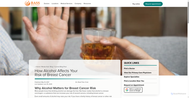 Security scan screenshot of https://www.bassmedicalgroup.com/blog-post/alcohol-breast-cancer-risk
