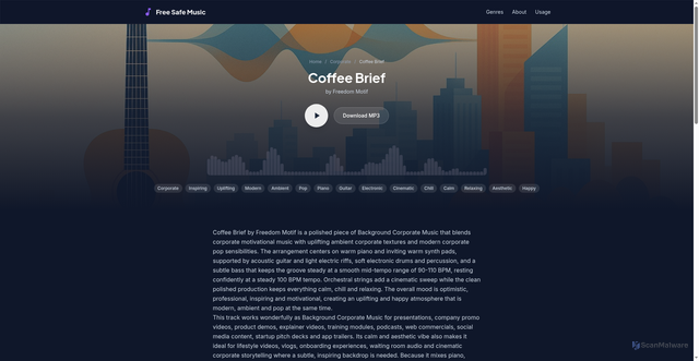 Security scan screenshot of https://freesafemusic.pages.dev/tracks/coffee-brief/