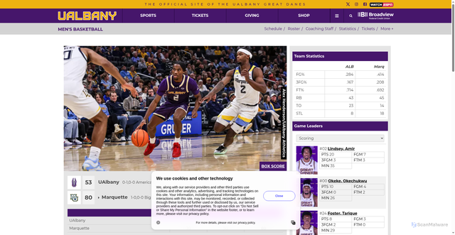 Security scan screenshot of https://ualbanysports.com/news/2025/11/3/mens-basketball-lindsey-scores-20-in-season-opener-at-marquette.aspx