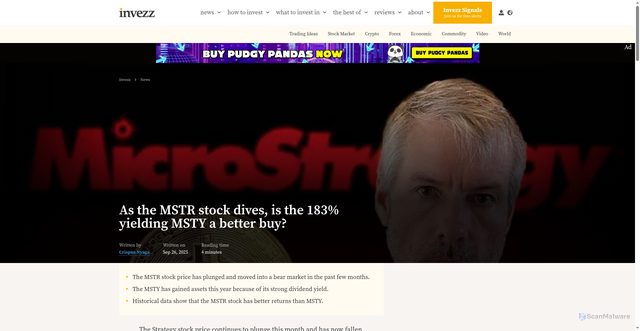 Security scan screenshot of https://invezz.com/news/2025/09/26/as-the-mstr-stock-dives-is-the-183-yielding-msty-a-better-buy/