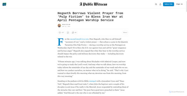 Security scan screenshot of https://publicwitness.wordandway.org/p/hegseth-borrows-violent-prayer-from