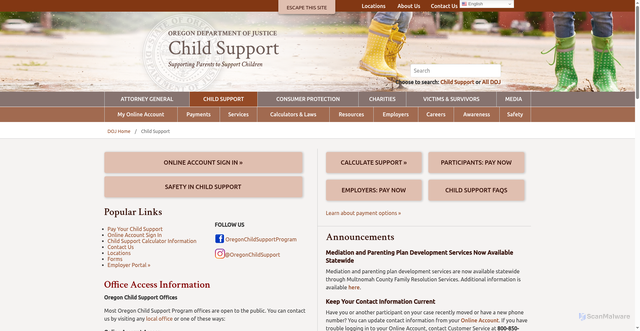 Security scan screenshot of https://www.doj.state.or.us/child-support/