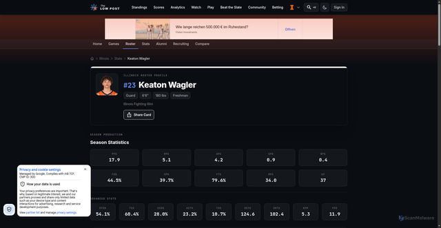 Security scan screenshot of https://www.thelowpost.com/teams/illinois/roster/keaton-wagler