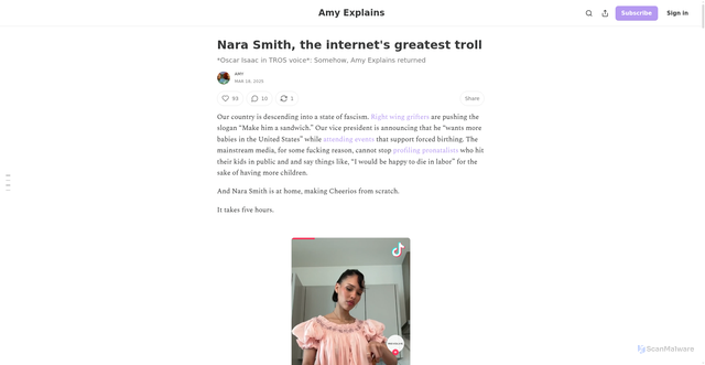 Security scan screenshot of https://amyexplains.substack.com/p/nara-smith-the-internets-greatest