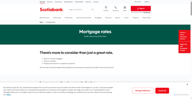 Security scan screenshot of https://www.scotiabank.com/ca/en/personal/rates-prices/mortgages-rates.html