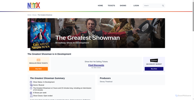 Security scan screenshot of https://www.nytix.com/shows/the-greatest-showman