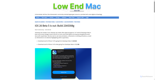 Security scan screenshot of https://lowendmac.com/2025/ios-26-beta-5-is-out-build-23a5308g/