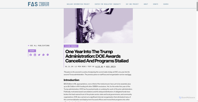 Security scan screenshot of https://fas.org/publication/doe-awards-cancelled-programs-stalled/
