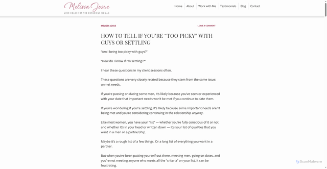 Security scan screenshot of https://melissathelovecoach.com/are-you-too-picky-with-guys-how-to-tell-if-youre-too-picky-or-settling/