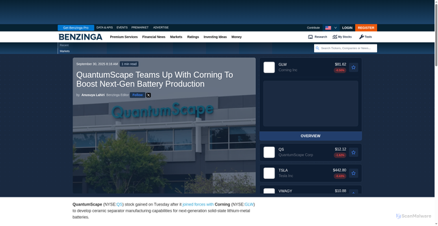 Security scan screenshot of https://www.benzinga.com/trading-ideas/movers/25/09/47939088/quantumscape-teams-up-with-corning-to-boost-next-gen-battery-production