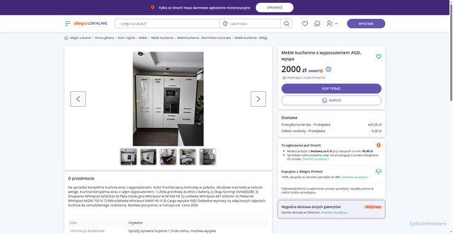 Security scan screenshot of https://allegrolokalnie.pl-oferta1079277805.icu/oferta/meble-kuchenne-z-wyposazeniem-agd-wyspa/69717