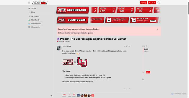 Security scan screenshot of https://cajunthreds.discourse.group/t/predict-the-score-ragin-cajuns-football-vs-lamar/2558