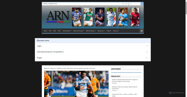 Security scan screenshot of https://www.americasrugbynews.com/2022/08/13/argentina-come-to-life-with-record-win-against-australia-in-san-juan/