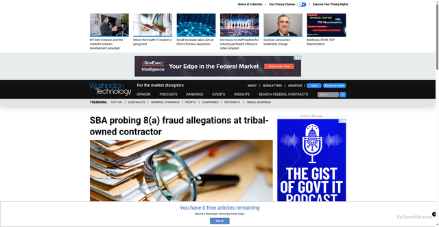Security scan screenshot of https://www.washingtontechnology.com/companies/2025/10/sba-probing-8-fraud-allegations-tribal-owned-contractor/409056/