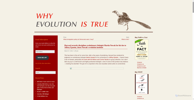 Security scan screenshot of https://whyevolutionistrue.com/2021/03/27/harvard-severely-disciplines-evolutionary-biologist-martin-nowak-for-his-ties-to-jeffrey-epstein-closes-nowaks-evolution-institute/