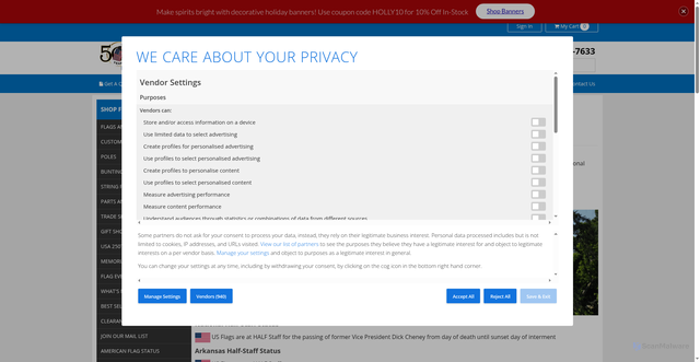 Security scan screenshot of https://www.flagandbanner.com/flags/half-staff.asp?srsltid=AfmBOor3L6vpunbB_vaJmiVR6ER4SbnITaan53_QaFTXZCXADxlLNRFh