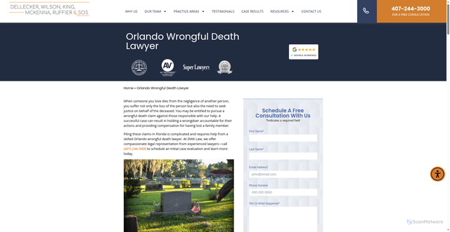 Security scan screenshot of https://www.dwklaw.com/orlando-wrongful-death-lawyer/