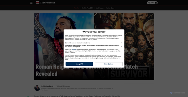 Security scan screenshot of https://www.thesportster.com/roman-reigns-wwe-survivor-series-match-revealed/