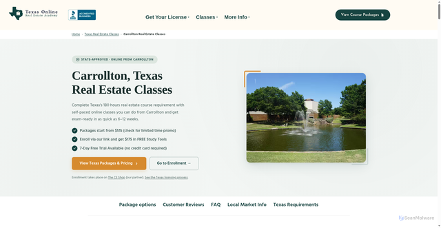 Security scan screenshot of https://texasonlinerealestateacademy.com/carrollton-texas-real-estate-license-classes/