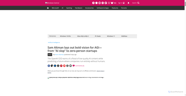 Security scan screenshot of https://www.windowscentral.com/artificial-intelligence/from-ai-work-slop-to-zero-person-startups-sam-altman-lays-out-his-vision-for-agis-future