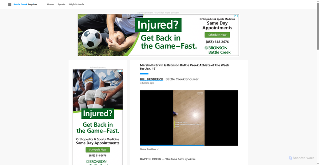 Security scan screenshot of https://www.battlecreekenquirer.com/story/sports/high-school/2026/01/22/marshalls-erwin-is-bronson-battle-creek-athlete-of-the-week-winner/88212221007/