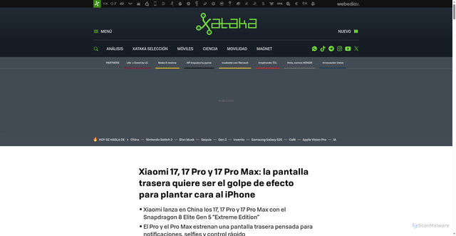 Security scan screenshot of https://www.xataka.com/moviles/xiaomi-17-xiaomi-17-pro-xiaomi-17-pro-max-caracteristicas-precio-ficha-tecnica