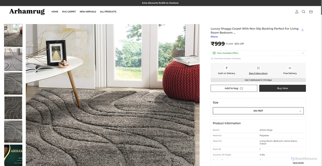 Security scan screenshot of https://arhamrug.shop/Luxury-Shaggy-Carpet-With-Non-Slip-Backing-Perfect-For-Living/catalogue/1ih7u_ce/Sk63NHix