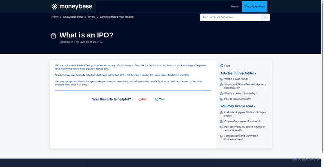 Security scan screenshot of https://community.moneybase.com/support/solutions/articles/204000068218-what-is-an-ipo-