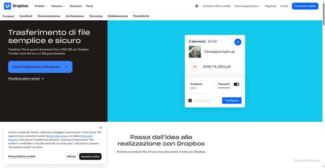 Security scan screenshot of https://www.dropbox.com/it/features/share/file-transfer