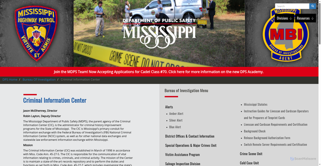 Security scan screenshot of https://www.dps.ms.gov/investigation/criminal-information-center