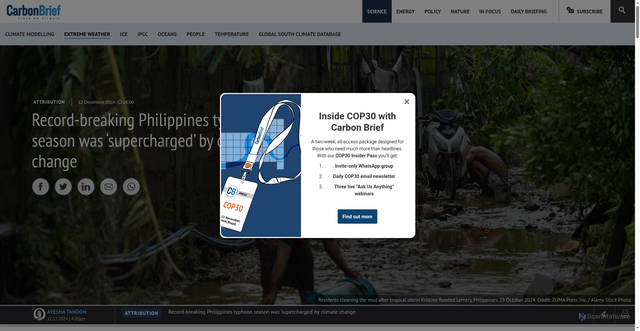 Security scan screenshot of https://www.carbonbrief.org/record-breaking-philippines-typhoon-season-was-supercharged-by-climate-change/
