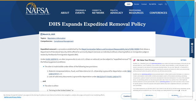 Security scan screenshot of https://www.nafsa.org/regulatory-information/dhs-expands-expedited-removal-policy