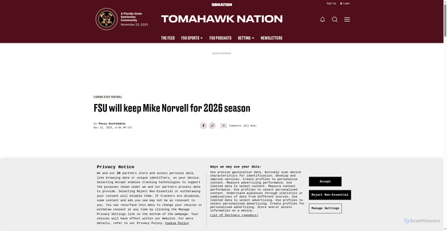 Security scan screenshot of https://www.tomahawknation.com/florida-state-football-fsu-seminoles-college-cfb-acc-norvell-team-roster-schedule-game/123083/espn-reports-fsu-will-keep-mike-norvell-for-2026-season