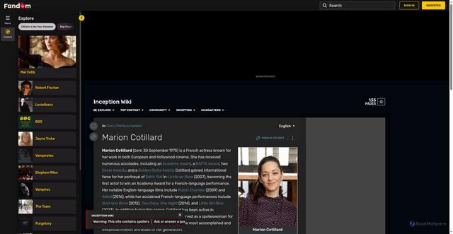 Security scan screenshot of https://inception.fandom.com/wiki/Marion_Cotillard