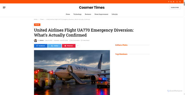 Security scan screenshot of https://coomertimes.com/united-airlines-flight-ua770-emergency-diversion/