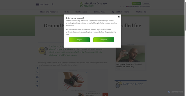 Security scan screenshot of https://www.infectiousdiseaseadvisor.com/news/ground-beef-shipped-to-5-states-recalled-for-possible-metal-pieces/