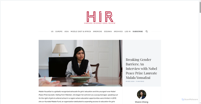 Security scan screenshot of https://hir.harvard.edu/breaking-gender-barriers-an-interview-with-nobel-peace-prize-laureate-malala-yousafzai/