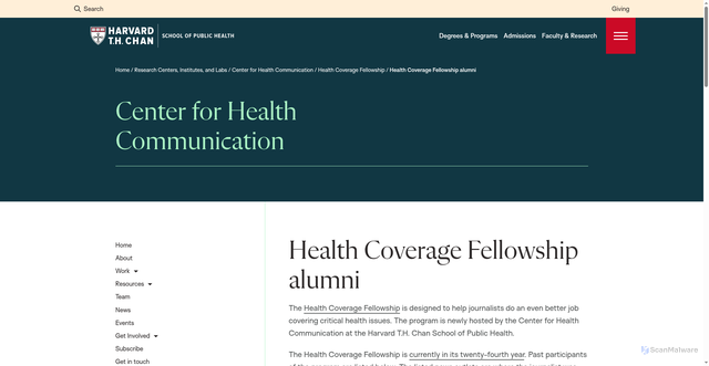 Security scan screenshot of https://hsph.harvard.edu/research/health-communication/health-coverage-fellowship/alumni/