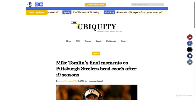 Security scan screenshot of https://qhhsubiquity.com/8142/sports/mike-tomlins-final-moments-as-pittsburgh-steelers-head-coach-after-19-seasons/