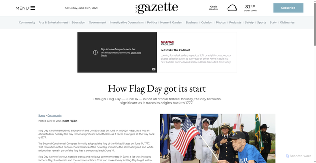 Security scan screenshot of https://www.ocalagazette.com/how-flag-day-got-its-start/