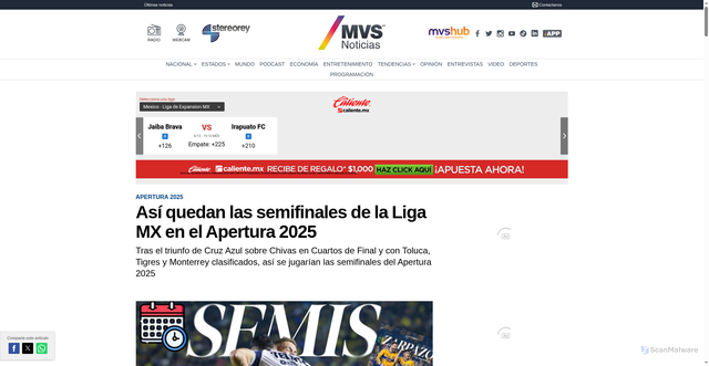 Security scan screenshot of https://mvsnoticias.com/deportes/2025/11/30/asi-quedan-las-semifinales-de-la-liga-mx-en-el-apertura-2025-722019.html