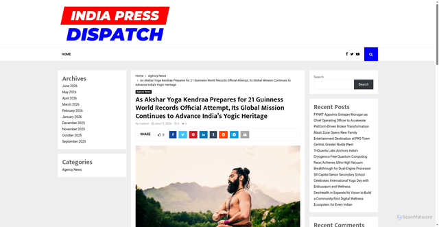 Security scan screenshot of https://indiapressdispatch.co.in/as-akshar-yoga-kendraa-prepares-for-21-guinness-world-records-official-attempt-its-global-mission-continues-to-advance-indias-yogic-heritage/