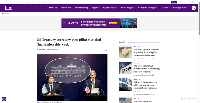 Security scan screenshot of https://www.internationaltaxreview.com/article/2fq6b4etrlv4tbqcea0ow/direct-tax/us-treasury-secretary-eyes-pillar-two-deal-finalisation-this-week