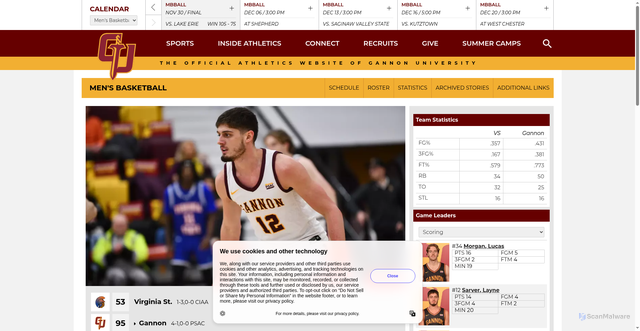 Security scan screenshot of https://gannonsports.com/news/2025/11/29/mens-basketball-no-9-mens-basketball-rolls-past-virginia-state-to-open-gary-miller-classic-advances-to-championship-game.aspx