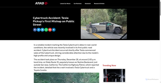 Security scan screenshot of https://en.arabgt.com/accidents/cybertruck-accident-tesla-pickups-first-mishap-on-public-street/